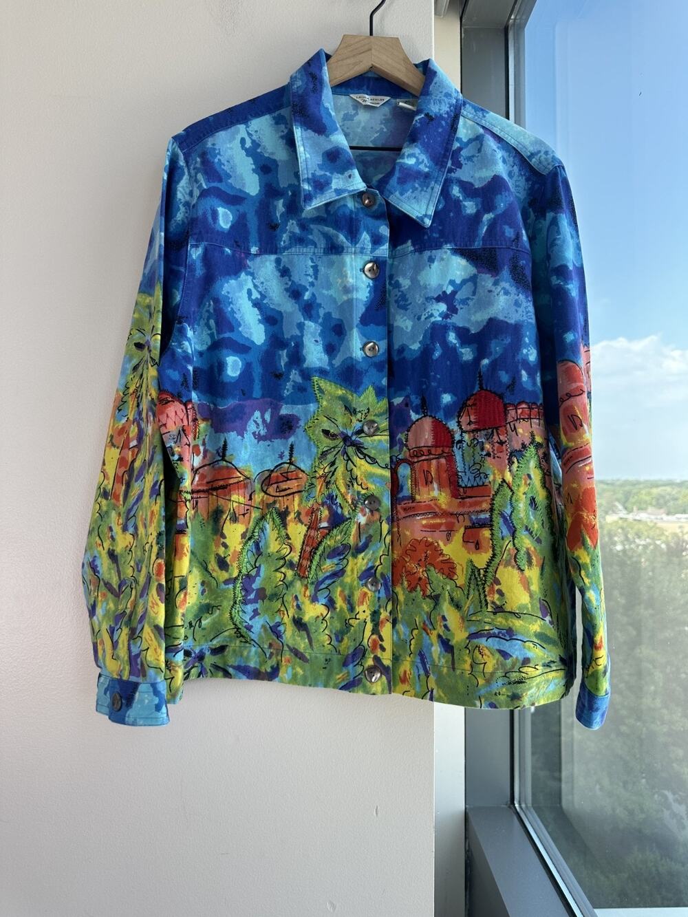 Laura Ashley Women's Impressionist Blue Scenic Print Cotton Shirt Shacket Sz 2X